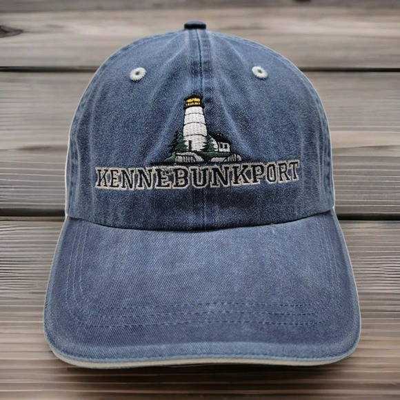 Kennebunkport‎ Maine Lighthouse Hat Washed Blue Unstructered Strapback Dad Cap - Picture 1 of 8